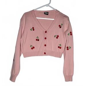 Minga Cherry Embroidered Pink Cropped Cotton Sweater - M